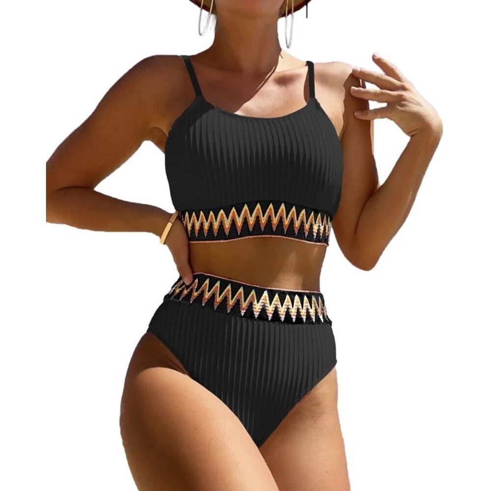 Zuvebamyo High Waisted 2-Piece Ribbed Bikini Set Crop Top High Cut Cheeky,Med